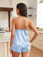 EKOUAER Silky Pajama Set for Women V-Neck Satin Camisole Lingerie Sets Party Loungewear Sleepwear