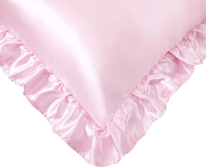 Silky Satin Ruffled Pillow Cases for Hair and Skin,Pink Silk Pillowcases Standard Set of 2 with Envelope Closure Princess Room Decoration