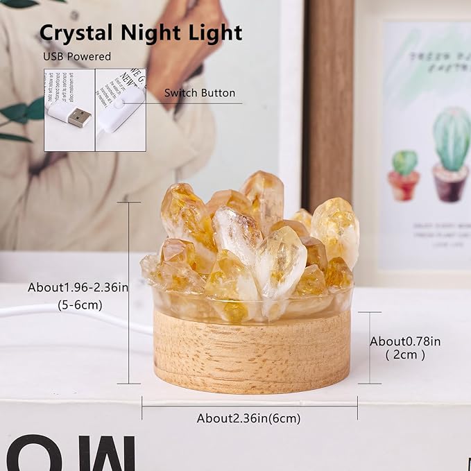 Runyangshi Natural Crystal Night Lamp Bedroom Bedside Sleep Night Light Citrine Healing Crystal Gemstone Quartz Light Ambient Light USB Powered Night Decorations Desktop Ornament for Home Decor Gift