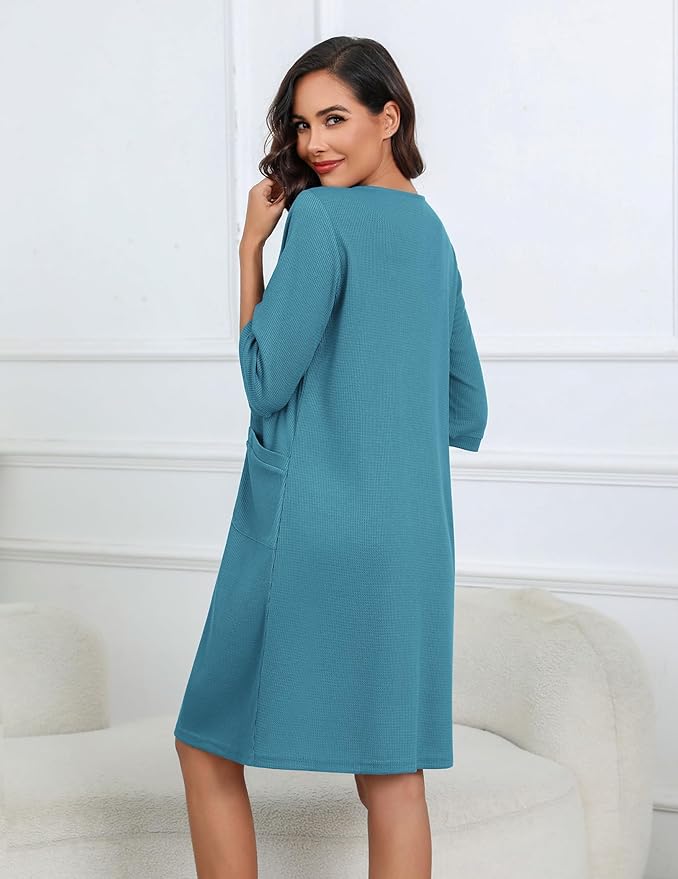 Ekouaer Women Zipper Robes Knee Length Waffle Knit Bathrobe Lightweight House Coat with Pockets 3/4 Sleeves Loungewear S-3XL