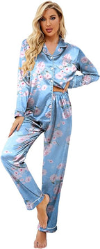 Ekouaer Women's Classic Button Down Long Satin Silk Pajama Set