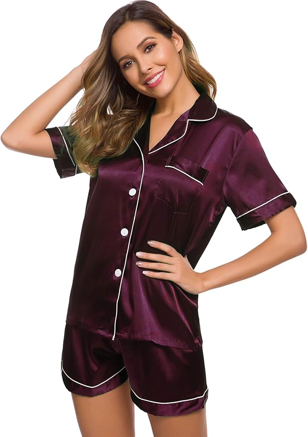 SWOMOG Womens Silk Satin Pajamas Set Short Sleeve Sleepwear Button Down Top and Shorts Loungewear 2 Piece Pjs Set XS-3XL