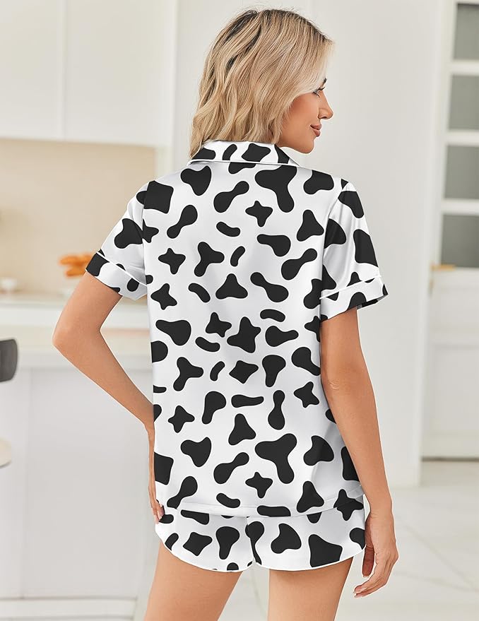 Ekouaer Womens Silk Satin Pajama Sets 2 Piece Button Down Silk Pjs Shorts Sets Cute Print Short Sleeve Sleepwear S-4XL