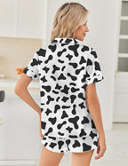 Ekouaer Womens Silk Satin Pajama Sets 2 Piece Button Down Silk Pjs Shorts Sets Cute Print Short Sleeve Sleepwear S-4XL