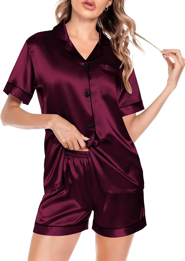 SWOMOG Satin Matching Pajamas Sets Couple Silk Button Down Nightwear Women & Men Short Sleeve Sleepwear 2 Pieces Loungewear