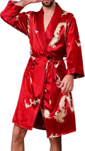 Mens Satin Robe,Silk Long Sleeve House Kimono Bathrobe,Soft Loungewear Dragon Robe