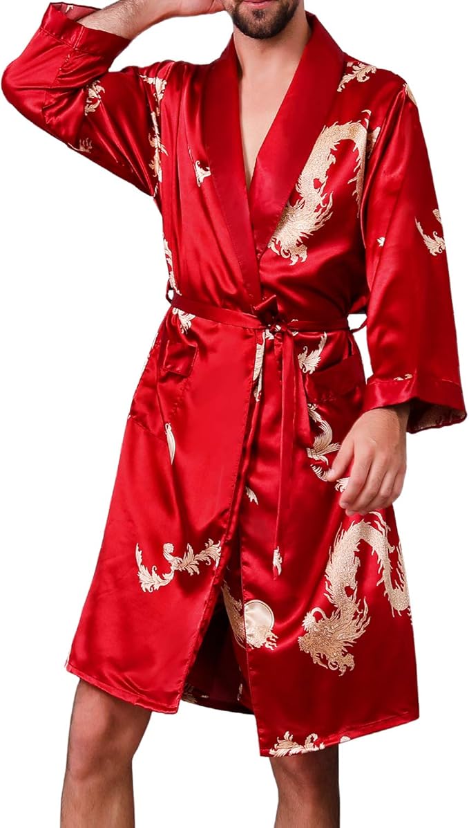 Mens Satin Robe,Silk Long Sleeve House Kimono Bathrobe,Soft Loungewear Dragon Robe