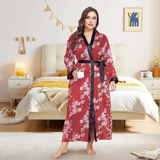 Womens Plus Size Silky Satin Kimono Robe Floral Long Bathrobe Wedding Sleepwear Dressing Gown
