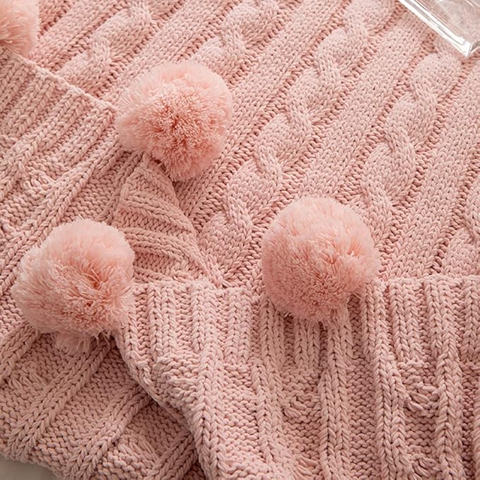 ATMOSURELY Ultra Soft Pink Chenille Cable Knit Throw Blanket with Handmade Pom Poms Cozy Fluffy Knitted Blanket Lightweight Warm Woven Farmhouse Blanket for Bed Sofa Couch 50x60 Inches (Pink)