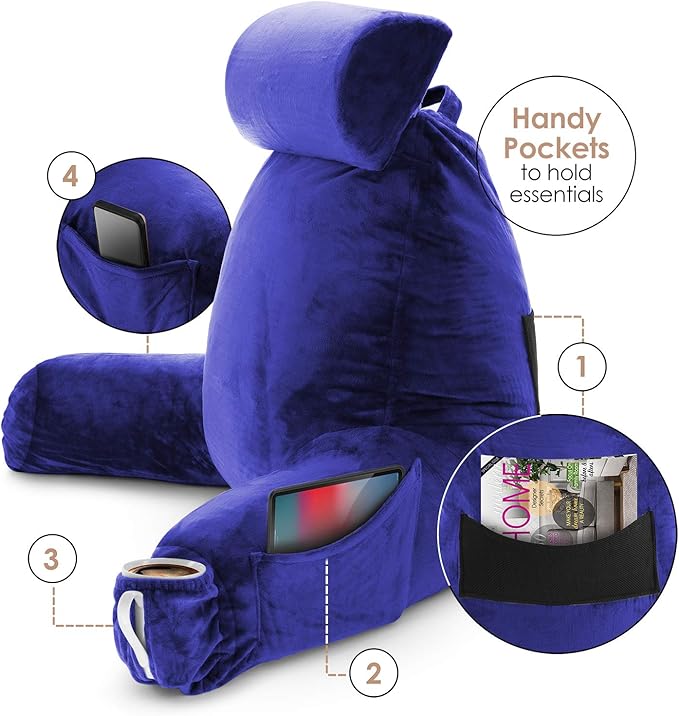 Clara Clark Reading Pillow with Shredded Memory Foam Includes 2 Neck and Lumber Support Pillows, Designed for Sitting Up in Bed and Couch Back and Arms Adjustable Support for Adults & Teens Royal Blue