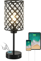 GyroVu Crystal Table Lamp, Black Lamp for Bedroom Nightstand with USB C+A Ports, Dimmable Touch Lamp with Crystal Shade, Bedside Lamp Small Lamp for Bedroom, Living Room, Office (Buld Included)