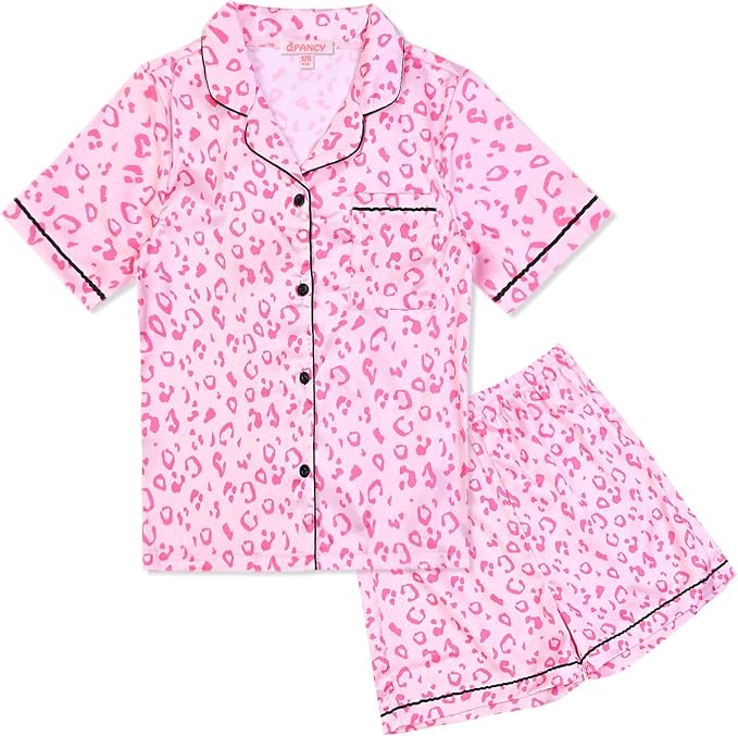 QPANCY Kids Satin Pajamas Sets Baby Boy Girl Button-Down Silk Sleepwear 2 Piece Short Sleeve Loungewear Clothes Set