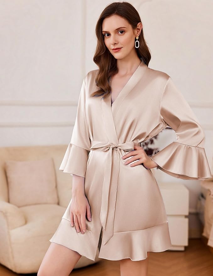 Ekouaer Women's Satin Robe Short Ruffle Hem Silky Robes Lightweight Kimono Brides Bathrobes Sleepwear XS-XXL