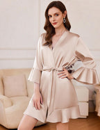 Ekouaer Women's Satin Robe Short Ruffle Hem Silky Robes Lightweight Kimono Brides Bathrobes Sleepwear XS-XXL