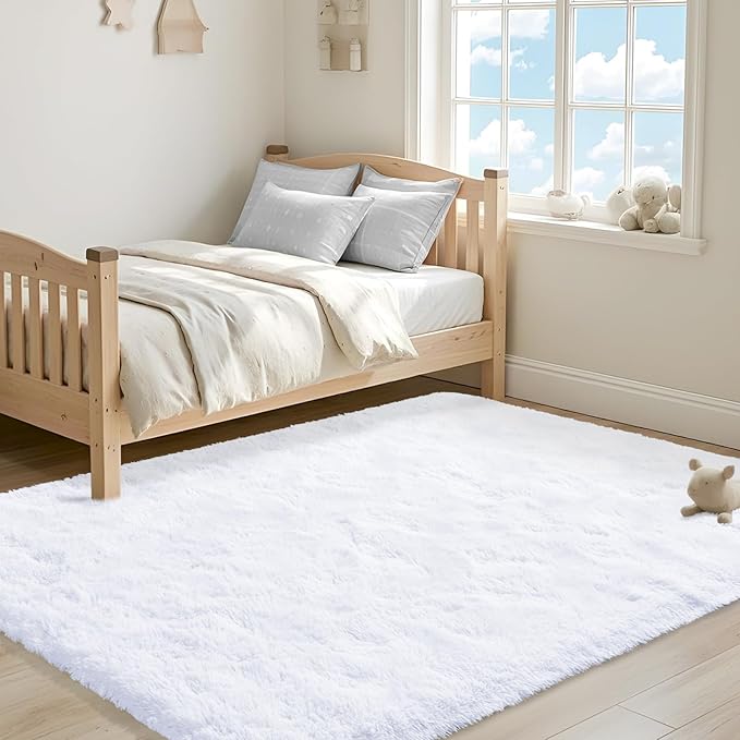 ISEAU Fluffy Rug Carpets Soft Shaggy Area Rugs Indoor Floor Mats for Kids Room Fuzzy Carpet Comfy Cute Nursery Mat Bedside Rug for Boys Girls Bedroom Living Room Home Decor Mat, 5ft x 8ft, White
