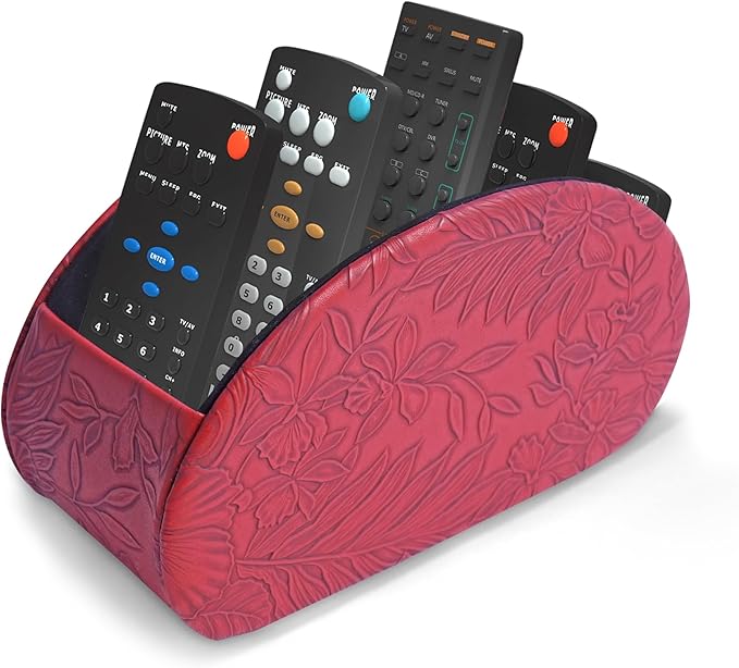 QIELIZI Remote Control Holder, PU Leather Remote Caddy Desktop Organizer with 5 Spacious Compartments for TV Remotes/Media Controllers/Office Supplies (1-Carved Red