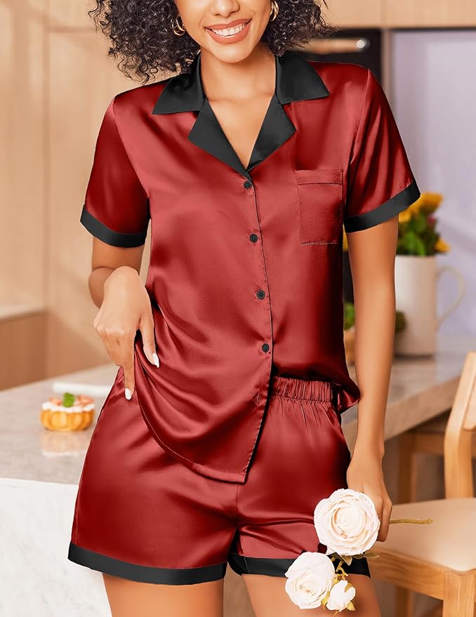 Ekouaer Womens Silk Satin Pajamas Set Short Sleeve Sleepwear Button Down Loungewear 2 Piece Pjs Shorts Set
