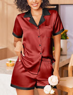 Ekouaer Womens Silk Satin Pajamas Set Short Sleeve Sleepwear Button Down Loungewear 2 Piece Pjs Shorts Set
