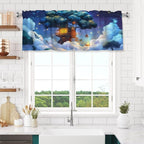 Whimsical Treehouse in Dreamy Night Sky Curtain Valance Peach Skin Velvet Printed Window Valance with Rod Pocket Light Filtering for Kitchen Bathroom 54x18in
