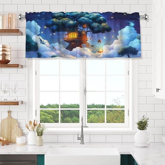 Whimsical Treehouse in Dreamy Night Sky Curtain Valance Peach Skin Velvet Printed Window Valance with Rod Pocket Light Filtering for Kitchen Bathroom 54x18in