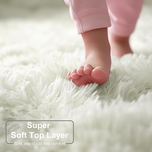 Amdrebio Ivory Rugs for Living Room Bedroom, 6x9 Soft Fluffy Area Rug for Kids Nursery, Furry Fuzzy Plush Shaggy Cream White Carpet for Classroom Playroom Home Decor, Cute Modern Thick Neutral Rug