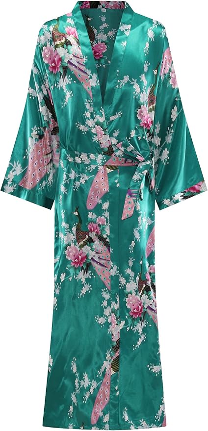 Women's Floral Long Satin Robes Plus Size Long Silk Robes Peacock Floral Kimonos Sleepwear Dressing Gown