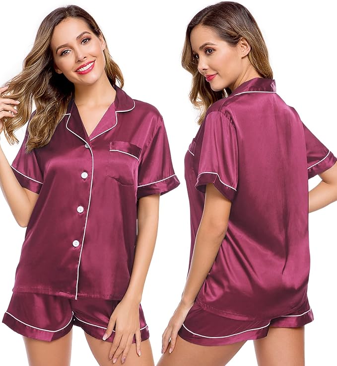 LecGee Womens Silk Satin Pajamas Short Sleeve Loungewear Two-Piece Sleepwear Button-Down Pj Set