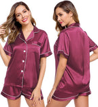 LecGee Womens Silk Satin Pajamas Short Sleeve Loungewear Two-Piece Sleepwear Button-Down Pj Set