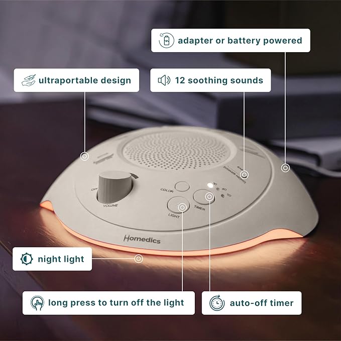 Homedics Sleep Better Portable Sound Machine,Night Light,12 Soothing Sounds Including White Noise,Rain & Thunderstorm,Ultra-Portable Design,Auto-Off Timer,Ideal for Travel &Baby Sleep,Cream,Pack of 3