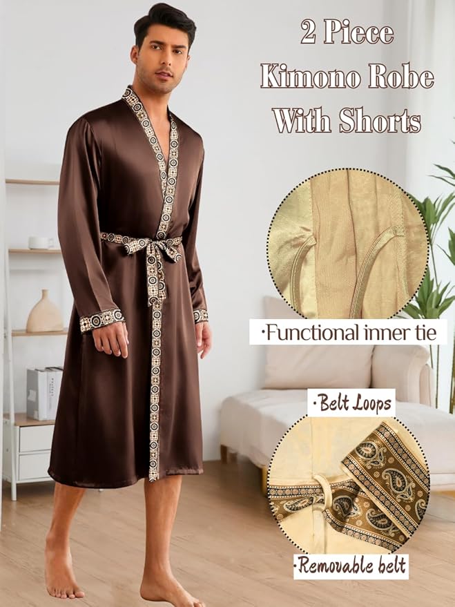 ChiaoLezhee Mens Satin Bath Robe with Shorts Set, Silk Paisley Kimono Lightweight, Soft Long Sleeve Sleepwear