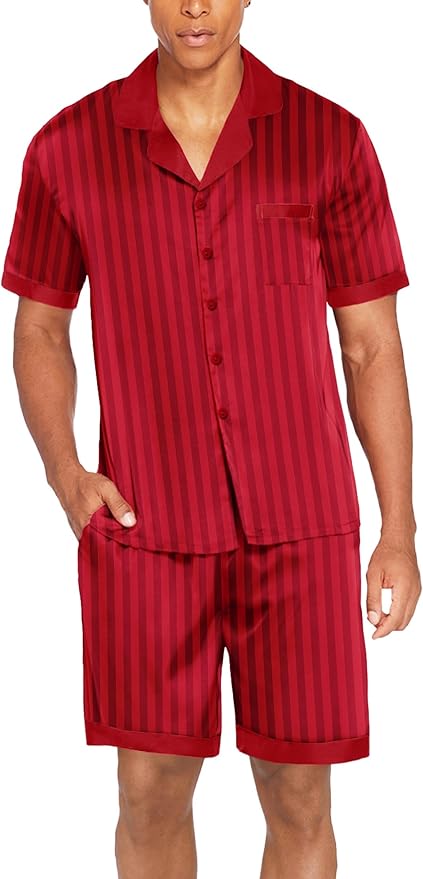 Ekouaer Men Satin Silk Pajamas Set with Pockets Sleepwear Shorts Satin Summer Loungewear 2 Piece Button Down Set S-3XL