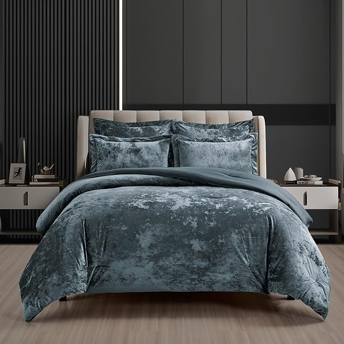 Fredsure Distressed Velvet Comforter Set, 5 Pieces Smoke Blue King, Distressed Velvet Face and Brushed Microfiber Reverse