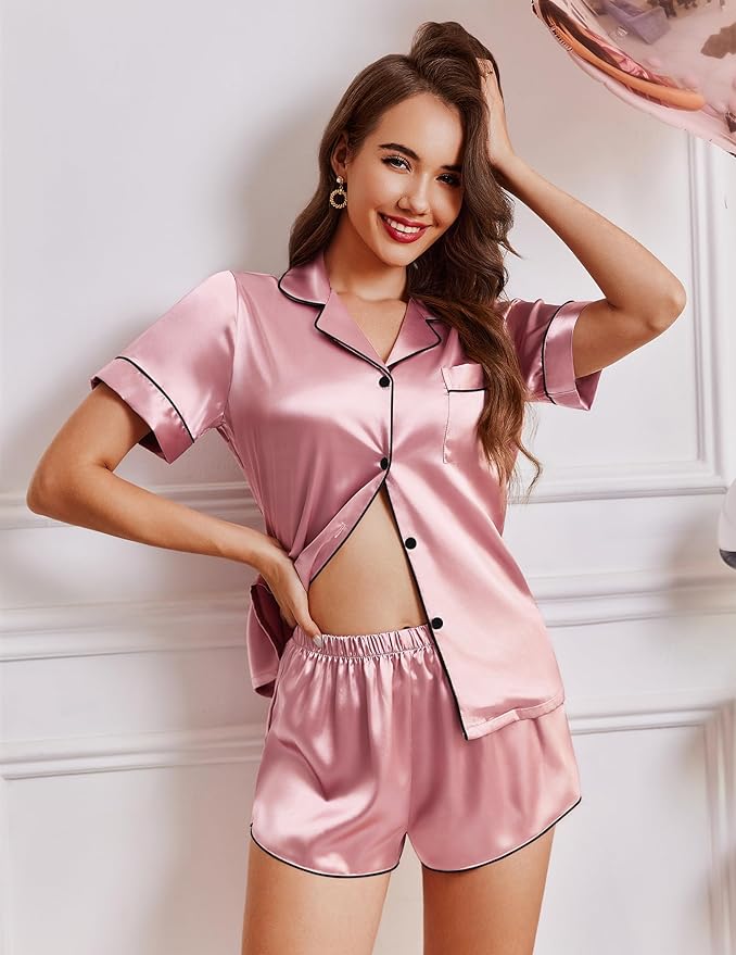 Ekouaer Womens Silk Satin Pajamas Short Sleeve PJS Shorts Set Soft Button Down Sleepwear 2 Piece Loungewear S-5XL