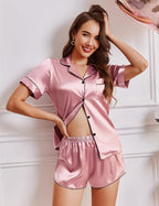 Ekouaer Womens Silk Satin Pajamas Short Sleeve PJS Shorts Set Soft Button Down Sleepwear 2 Piece Loungewear S-5XL