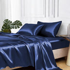 MR&HM Satin Bed Sheets, Twin XL Size Sheets Set, 3 Pcs Silky Bedding Set with 15 Inches Deep Pocket for Mattress (Twin XL, Navy Blue)