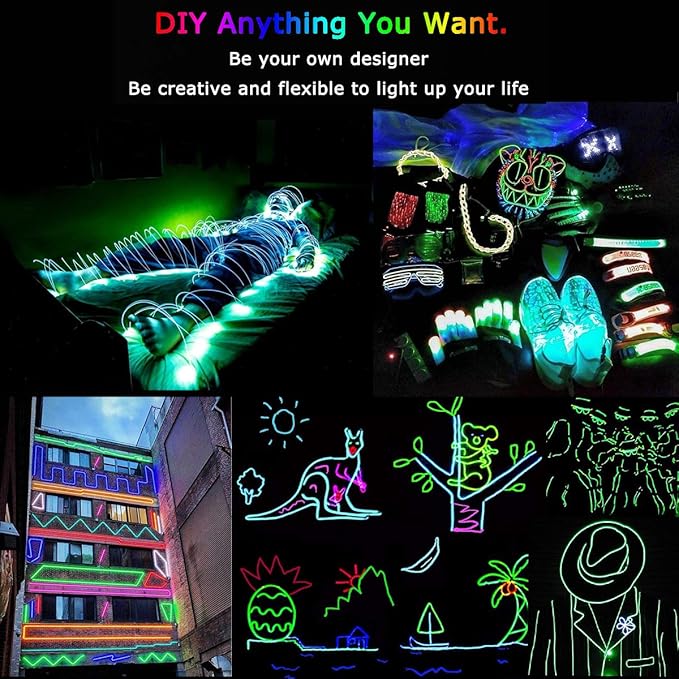 JIGUOOR EL Wire Battery Pack 9.8ft / 3m Bright Neon Light Strip 360° Illumination Neon Tube Rope Lights for DIY, Festival, Party Decoration, Pub, Halloween, Chrismas (9.8ft / 3m, Green)