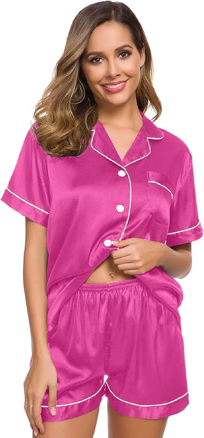 SWOMOG Womens Silk Satin Pajamas Set Short Sleeve Sleepwear Button Down Top and Shorts Loungewear 2 Piece Pjs Set XS-3XL