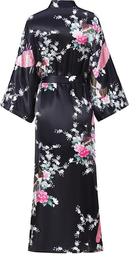 Women's Floral Long Satin Robes Plus Size Long Silk Robes Peacock Floral Kimonos Sleepwear Dressing Gown