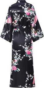 Women's Floral Long Satin Robes Plus Size Long Silk Robes Peacock Floral Kimonos Sleepwear Dressing Gown