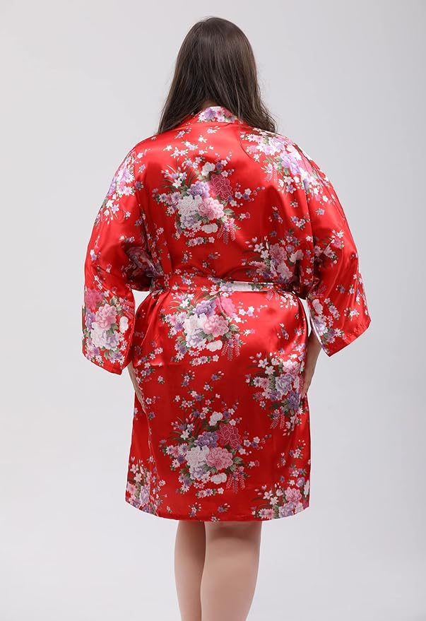 QXQTER Peony Floral Silky Satin Robe Wedding Bridal Party Bride Bridesmaid Robes for Women Dressing Gown Kimono Robe