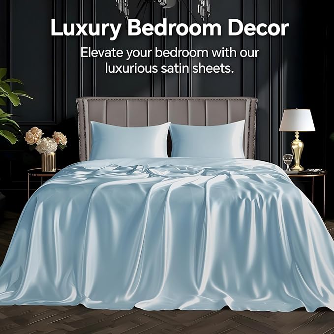 BEDELITE Satin Sheets Twin XL Size Bed Set, Luxury Soft Light Blue Silky Sheets for Hair and Skin, Similar to Silk Bed Sheets Set 3 Pieces （1 Deep Pocket Fitted Sheet, 1 Flat Sheet, and 1 Pillowcase）