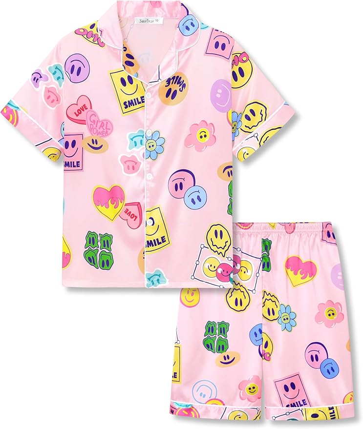 Beezizac Little & Big Girls Satin Silky Button Pajama Summer Short Sleeves Set Trendy Outfit Kid Size 6-16