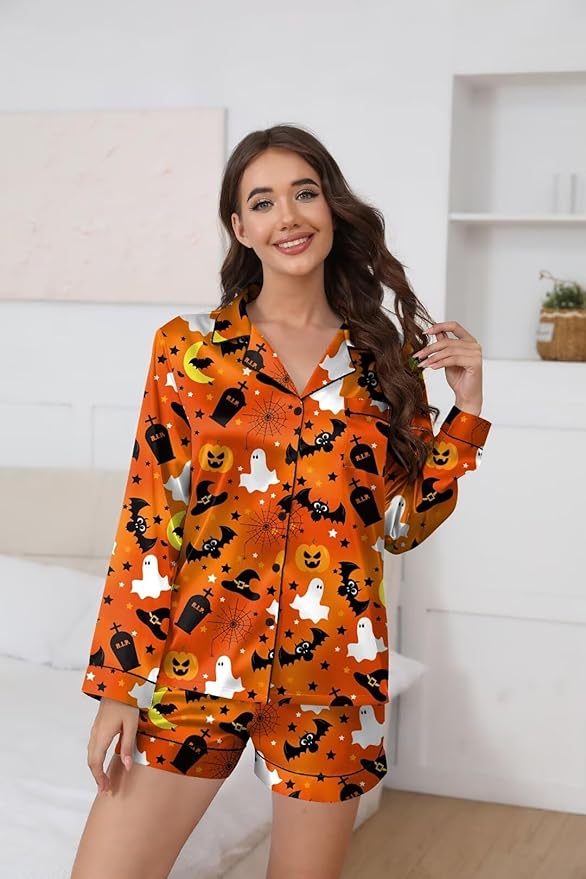 Ekouaer Satin Pajama Set for Women Button Down Pj Set Long Sleeve Top and Shorts 2 Piece Loungewear Summer Soft Sleepwear