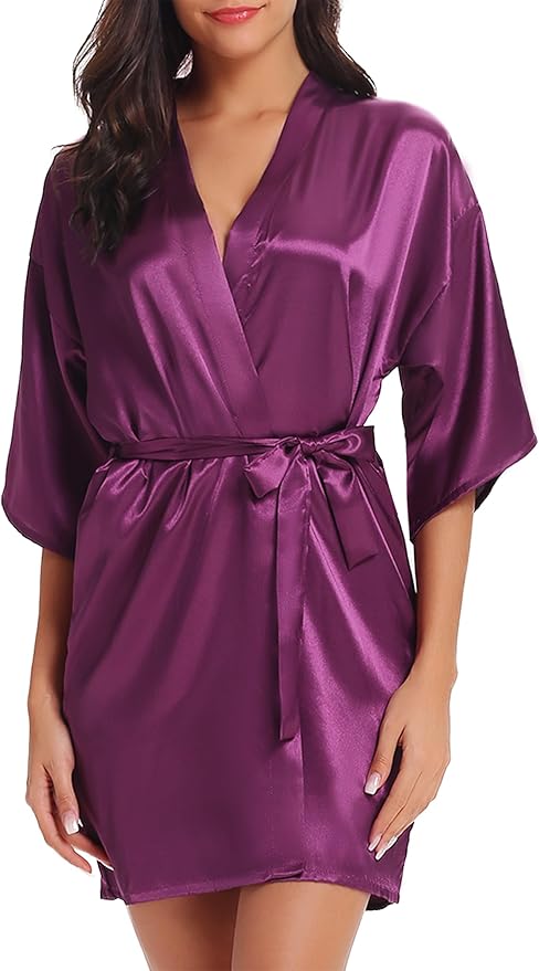 Women's Short Satin Robe Silky Bathrobes Bridal Bridesmaid Kimono Robe V-Neck Sleepwear S-XXL