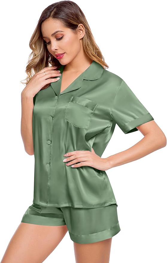 LecGee Womens Silk Satin Pajamas Short Sleeve Loungewear Two-Piece Sleepwear Button-Down Pj Set