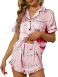 SAPJON Satin Silk Pajamas for Women 2Pcs Ruffle Notch Collar Sleepwear Button Down Short Sleeve Shorts Pjs Set Loungewear