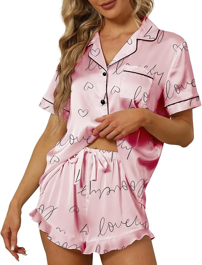 SAPJON Satin Silk Pajamas for Women 2Pcs Ruffle Notch Collar Sleepwear Button Down Short Sleeve Shorts Pjs Set Loungewear