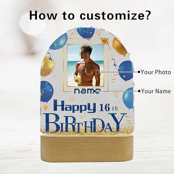 Customized Birthday Gifts Personalized Acrylic LED Night Light Lamp Plaque Custom Photo Name Age Birthday Gifts for Women Men(B-Blue and Gold)