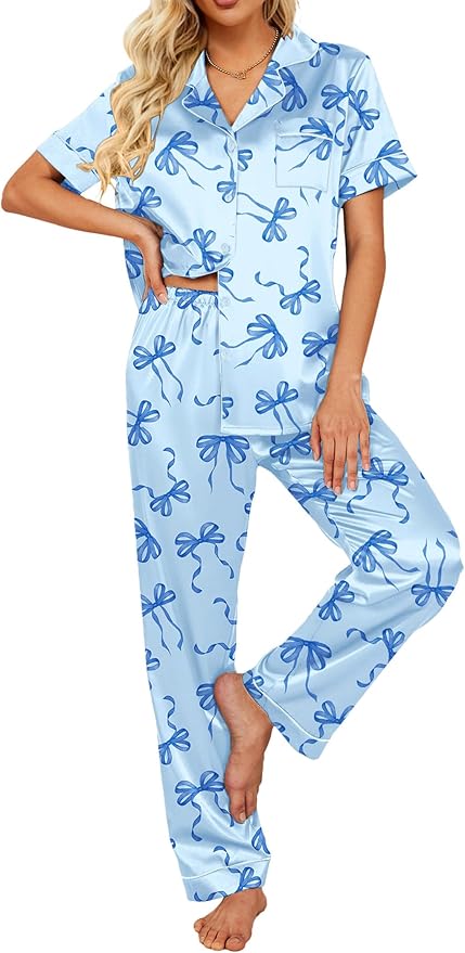 Ekouaer Silk Satin Pajamas Set Women Short Sleeve Sleepwear Soft Button Down Loungewear Pjs Set