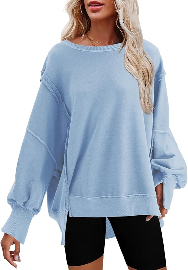 Nirovien Womens Oversized Crewneck Sweatshirt Side Slit Long Sleeve Pullover Slouchy Fit Tops